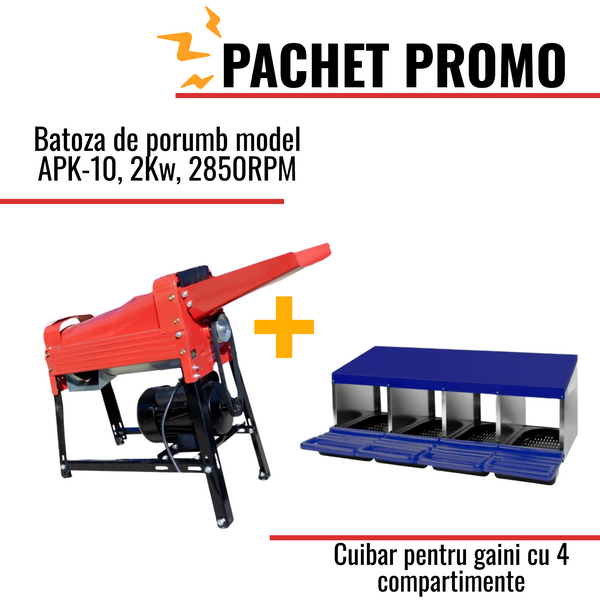 Pachet Promo: Batoza de porumb model APK-10, 2Kw + Cuibar pentru gaini cu 4 compartimente