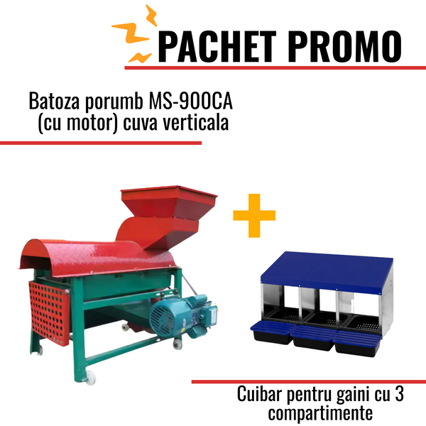 Pachet Promo: Batoza porumb MS-900CA (cu motor) cuva verticala + Cuibar pentru gaini cu 3 compartimente