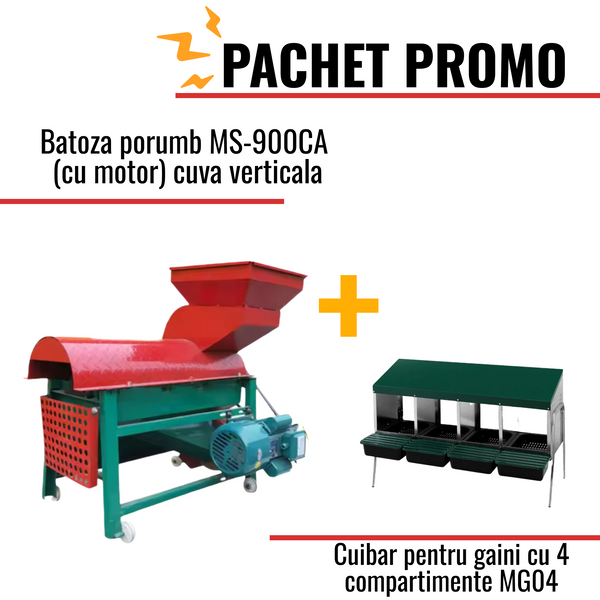 Pachet Promo: Batoza porumb MS-900CA (cu motor) cuva verticala + Cuibar pentru gaini cu 4 compartimente MG04