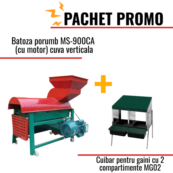 Pachet Promo: Batoza porumb MS-900CA (cu motor) cuva verticala +Cuibar pentru gaini cu 2 compartimente MG02