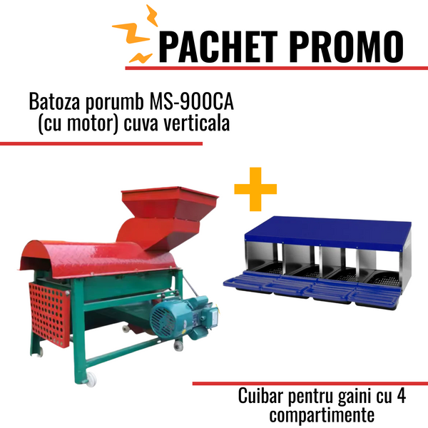 Pachet Promo: Batoza porumb MS-900CA (cu motor) cuva verticala + Cuibar pentru gaini cu 4 compartimente