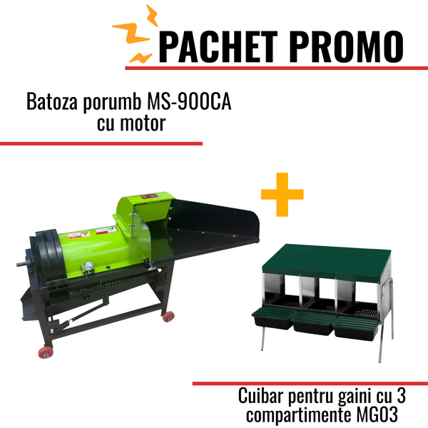 Pachet Promo: Batoza porumb MS-900CA cu motor +Cuibar pentru gaini cu 3 compartimente MG03