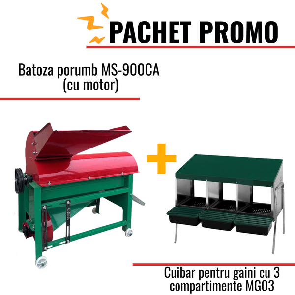 Pachet Promo: Batoza porumb MS-900CA (cu motor) + Cuibar pentru gaini cu 3 compartimente MG03