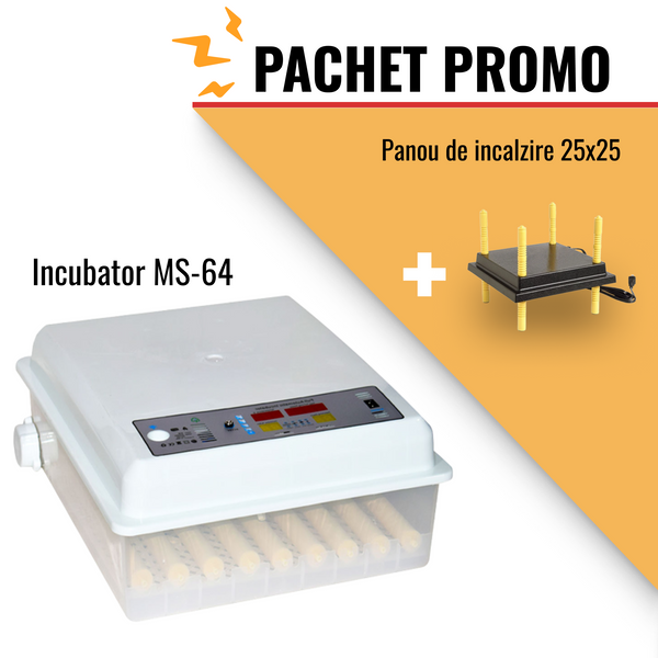 Pachet Promo: INCUBATOR AUTOMAT MS-64 (12V/220V) + PANOU INCALZIRE PENTRU PUI MS-25X25