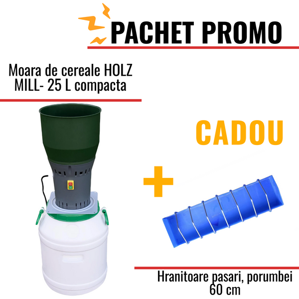 Pachet Promo: Moara de cereale HOLZ MILL- 25 L compacta + CADOU: 1x Hranitoare pasari 60cm
