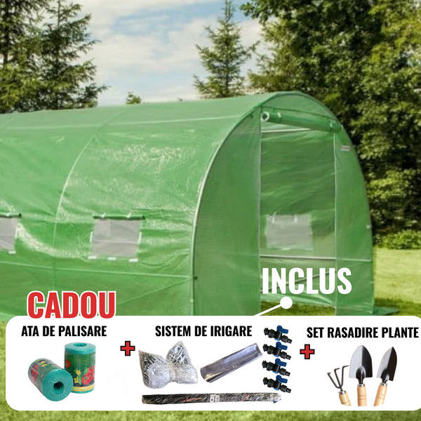 Solar legume 4 x 12 x 2.30m, folie 180g/m2 : Cadou Sistem de irigare + Ata palisare + Set rasadire plante