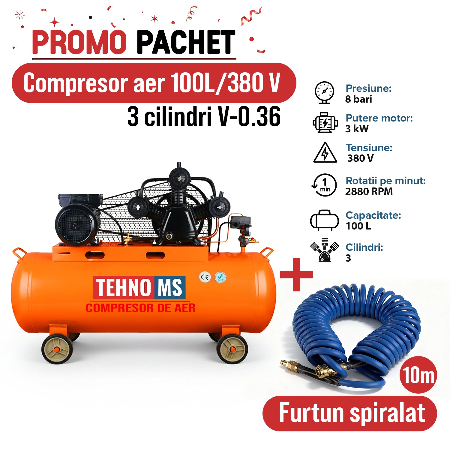 Pachet Promo: Compresor aer model V-0.36 -8 Bari, 3KW- 100L, 380 V, 3 ...