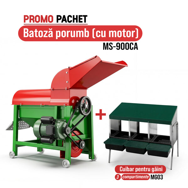 Pachet Promo: Batoza porumb MS-900CA (cu motor) cuva laterala +Cuibar pentru gaini cu 3 compartimente MG03