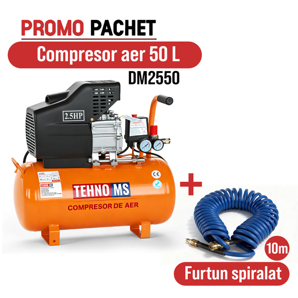 Pachet Promo: Compresor aer model DM2550 8 Bari, 1.8kW-50L Tehno-ms + Furtun pentru compresor spiralat model L 10m