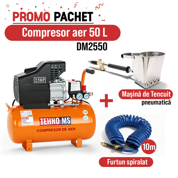 Pachet Promo: Compresor aer model DM2550 8 Bari, 1.8kW-50L Tehno-ms + Furtun pentru compresor spiralat model L 10m +  Masina de Tencuit Pneumatica pentru pereti