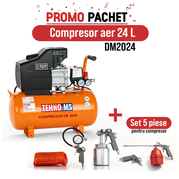 Pachet Promo: Compresor aer model DM2550 8 Bari, 1.5kW-24L Tehno-ms + Set 5 piese pentru compresor