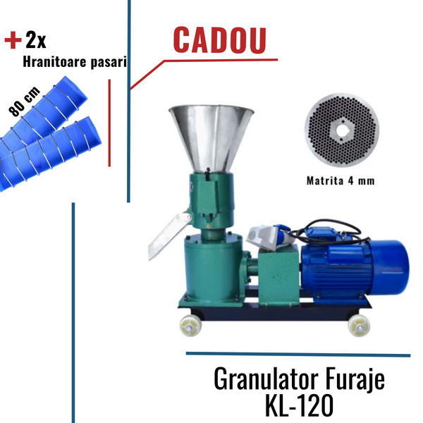 Pachet Promo: Granulator Furaje KL-120 cu 3 matrite +CADOU: 2x Hranitoare pasari 80cm