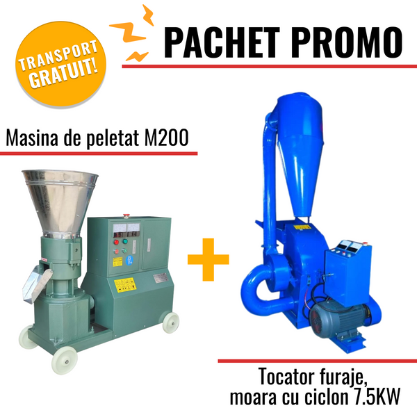 Pachet Promo: Masina de peletat M200 + Tocator furaje, moara cu ciclon 7.5KW, 380V, randament max 1500Kg/H
