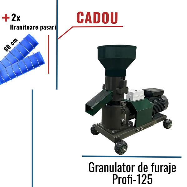 Pachet Promo: Granulator de furaje Profi-125 cu 1 matrita +CADOU: 2x Hranitoare pasari 80cm
