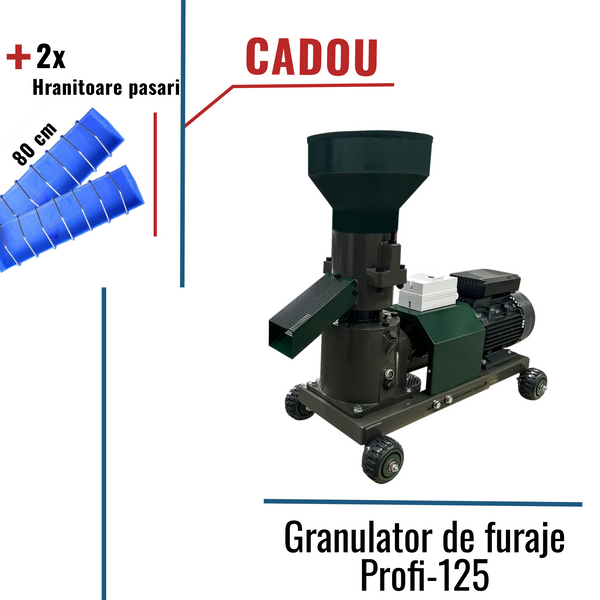 Pachet Promo:Granulator de furaje Profi-125 cu 3 matrite +CADOU:2x Hranitoare pasari 80cm